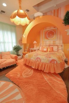 a bedroom decorated in orange and pink with an arched bed, couches, and rugs