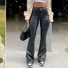 Nwt Fashion Nova Black Highwaisted Faux Leather Pant High Rise Stretch Fabric Size: Small Waist 26” Inseam: 33” Flare Leather Pants Outfit, High Waisted Leather Pants, Flare Outfit, Leather Flare Pants, Flair Pants, 70 Fashion, Leather Pants Outfit, Black And White Nikes, Solid Jumpsuit