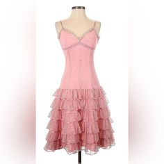 Vintage Betsey Johnson Y2k Pink Tiered Sequin Dress. Pink Slip Dress With Tiered Ruffle Chiffon Hem. Sequin Details. Lace Up Corset Back Detail. In Excellent Condition. Size 4. Lace Up Corset Back, Pink Slip Dress, Lace Up Corset, Corset Back, Y2k Pink, Chiffon Ruffle