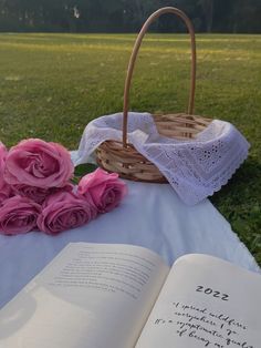 pink roses are on the blanket next to an open book and basket with flowers in it