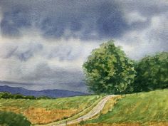 a watercolor painting of a country road in the middle of a field with trees