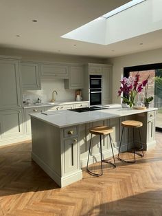 a kitchen with an island and two stools