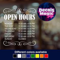 an open hours sign with different colors available