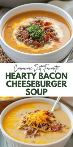 two bowls of hearty bacon cheeseburger soup