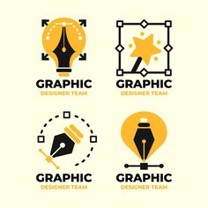 four logos for graphic designer team, including pen and ink bottle with star on top