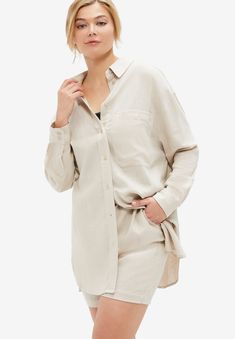 There are so many ways to rock this oversized, easy-care linen-blend shirt: wear it on its own or layer it over a tank. Tuck it or tie it at your hip. Ladies Of London, Boyfriend Shirt, Swimsuits For All, Linen Top, Linen Women, Sweater Blouse, Versatile Style, Shop Blouses, Denim Shop