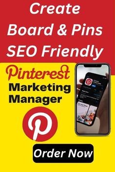 the advertisement for pinterest marketing manager is shown in red, yellow and white