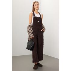 Brown denim (100% Cotton). Overalls. Sleeveless. Square neck. Front button closure. 7.5" from shoulder to hemline. Imported. Casual Sleeveless Overalls For Fall, Brown Sleeveless Overalls For Spring, Sleeveless Brown Overalls For Spring, Leather Overalls, Baggy Overalls, Cotton Overalls, Brown Denim, Cozy Cardigan, Rent The Runway