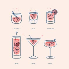 various types of cocktails are shown on a pink background