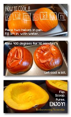 two pictures showing how to cook pumpkins in the oven with instructions on how to roast them