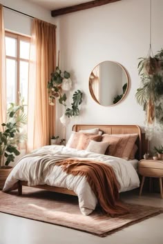 a bed sitting in a bedroom next to a window with plants on the wall and a round mirror above it