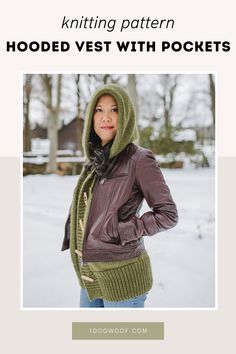 a woman wearing a hooded vest with pockets and a hoodie over her shoulders in the snow