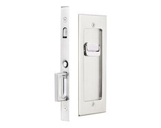 the door handle is white and has a metal latch on it's left side