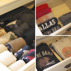 three pictures of shirts and socks in a drawer, one with the same name on it