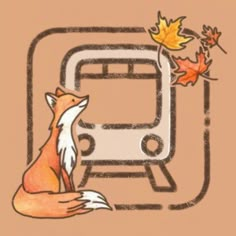 a drawing of a fox sitting in front of a train with autumn leaves on it