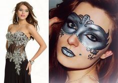 Artistic silver and black masquerade makeup mask accented with crystals, titled "Mysterious Prom Queen". Masquerade Makeup Mask, Masquerade Mask Makeup, Prom Masquerade, Carnaval Make-up, Fairy Make-up, Makeup Mask, Be Mysterious, Black Masquerade