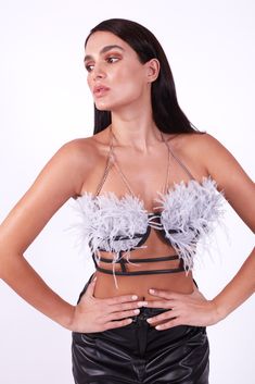 Wadsworth House gray ostrich feather bralette with black vegan leather strapping and chain halter Feather Boa Bra, Gold Feather Bra, Feather Wrist Bra Top, Ss23 Runway, Floating Feather, Caged Bra, Necklace Clasp, Necklace Clasps, Ostrich Feather