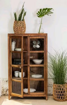 a wooden cabinet sitting next to a potted plant