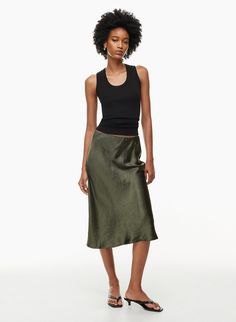 Midi Skirt Lulus, Olive Green Slip Skirt, Satin Midi Skirt Dress, Midi Silk Skirt Green, Babaton Silk Skirt, Midi Skirt Minimal, Knit And Slip Skirt, Satin Midi Skirt Shoes, Satin Midi Skirt Ankle Boots