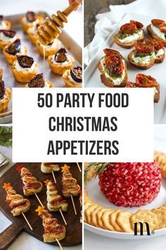 various christmas appetizers are arranged in four different pictures with the words, 50 party food christmas appetizers