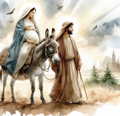 a painting of jesus riding on the back of a donkey next to a man with a beard