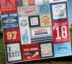 a quilt made to look like it has many different types of baseball related items on it