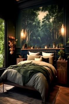 Bedroom with dark green walls, forest mural, candle-lit ambiance, and cozy bedding. Dark Cozy Bedroom, Casa Hobbit, Green Bedroom Aesthetic, Forest Bedroom, Bedroom Ideas Romantic, Moody Decor, Bedroom 2024, Feminine Bedroom