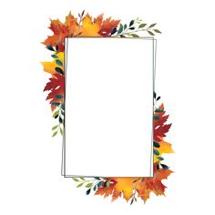 an empty frame with autumn leaves on the sides and white paper in the bottom corner