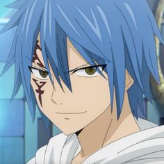 an anime character with blue hair and green eyes looks at the camera while wearing a white shirt