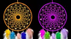 two colorful dream catchers with feathers on them