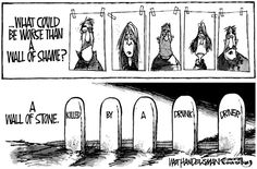 a cartoon strip with three heads in front of tombstones and the words what could be worse than a wall of shame?