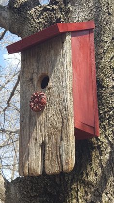 a bird house hanging from the side of a tree