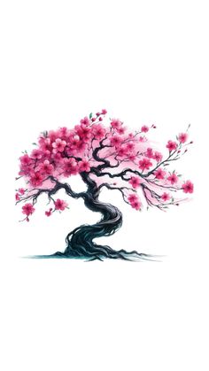 a painting of a tree with pink flowers on it