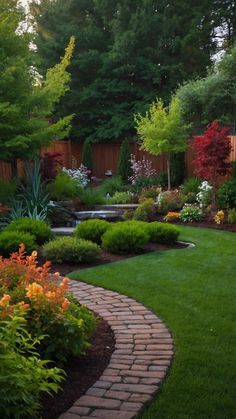 a garden with lots of green grass and flowers