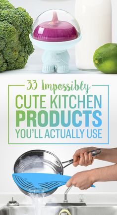 a person is cooking broccoli in a pot with the words 33 impossbly cute kitchen products you'll actually use