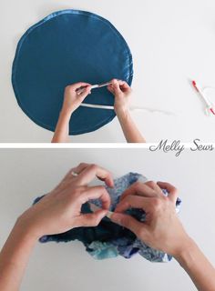 two pictures showing how to make a round pillow