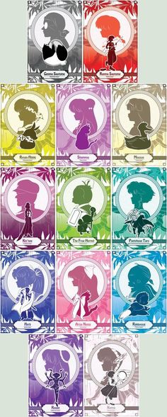 the silhouettes of disney characters are shown in different colors and sizes, including blue, green