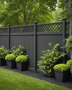 a black fence with some plants in the middle and trees around it on either side