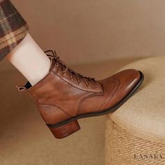 Lasaky - Classic Brown Vintage Martin Boots - Black, Round Toe, Lace-Up, Chunky Heels, Short Shaft Block Carving, Heeled Lace Up Boots, Short Ankle Boots, Rough Heels, Wingtip Shoes, Short Leather Boots, Oxford Boots, Classic Brown, Genuine Leather Shoes