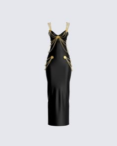 Talk about ELEGANCE 💋 We out here on a whole new level no one could ever reach in this number dripped with real heavyweight metal chain detailing ⭐️ Black With Gold Dress, Chain Back Dress, Chain Detail Dress, Black Dress With Gold Accents, Black Dress With Chains, Chain Dress Outfit, Desings Clothes Aesthetic, Black And Gold Aesthetic Fashion, Black Dress With Gold Jewelry