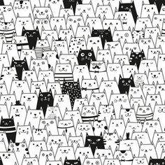 black and white cats are in the middle of a pattern, with stars on them