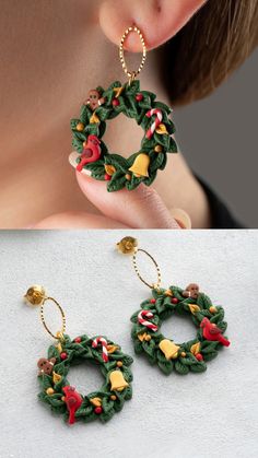 a woman wearing christmas wreath earrings with bells and candy canes on the hoop, next to an image of a handmade ornament