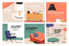 four different types of furniture on display in an advertisement for the same product, each with their own color scheme