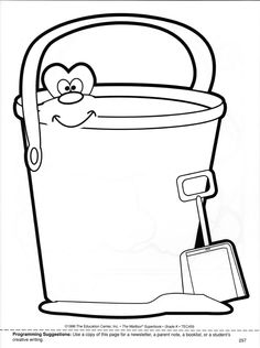 a black and white image of a cartoon bucket with a shovel in it, coloring page