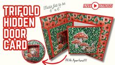 an open card with red flowers on it and the words,'trifold hidden door card