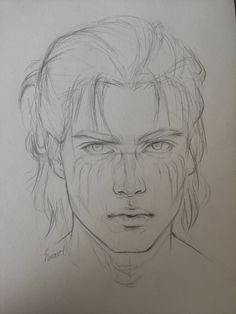 a drawing of a man's face with long hair and blue eyes, looking straight ahead