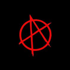 the anarchy symbol is red and black with an arrow in it's center on a dark background