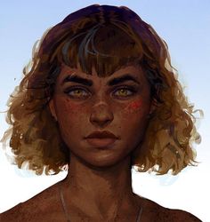 a digital painting of a woman with freckles on her face and chest, looking at the camera