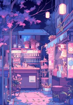 an illustration of a store with flowers in the window and lights on it's windows