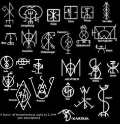 various symbols and their meanings on a black background